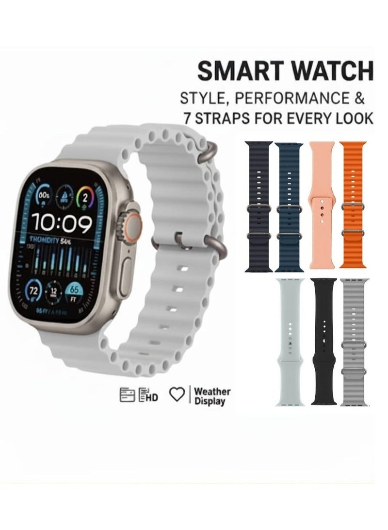 الذاكرة السريعة ساعة ذكية  Ultra الاصدار  الثاني 7 في 1 لحساب السعرات الحرارية و استقبال الرسائل و المكالمات و تدعم اللغة العربية تأتي 7 بأساور اضافية مقاس 49 مم - Image 1